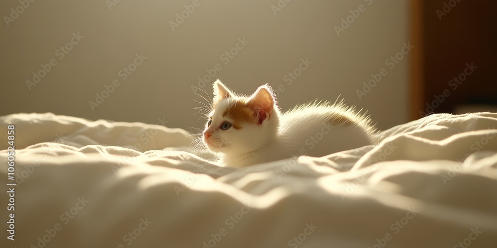 Poster tiny white and brown kitten exploring a soft bed, sniffing around with playful curiosity, framed aga