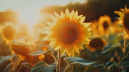 Naklejka premium Sunflowers garden, have abundant health benefits. Sunflower oil improves skin health and promote cell regeneration. Dawn in the sunflowers field during summer sunset