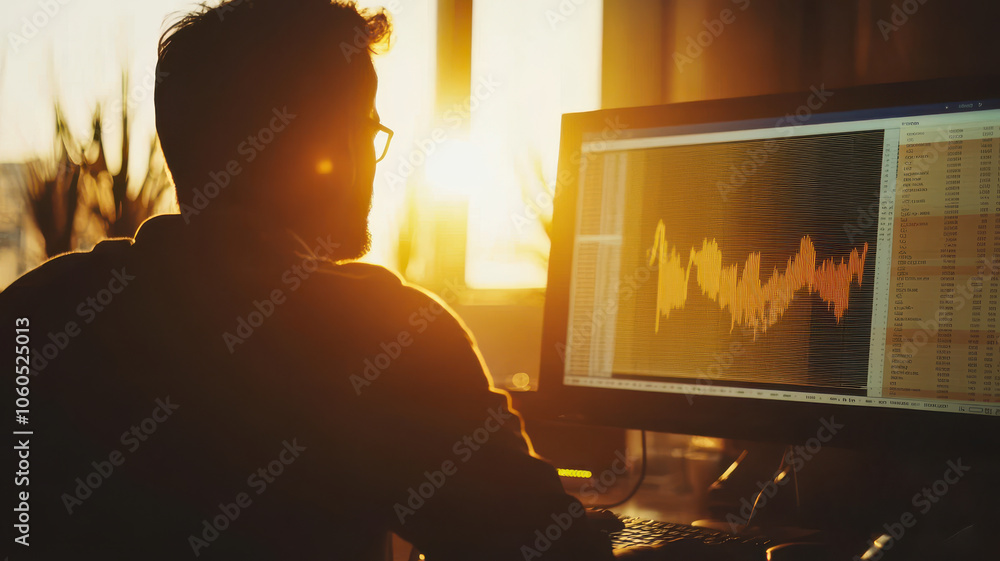 Poster finance manager analyzing property loan risk factors on computer screen during golden hour lighting,