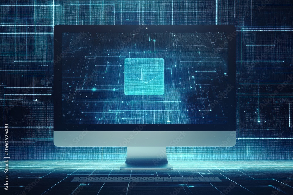 Aufkleber A computer screen showcases a prominent protection icon, emphasizing security in a digital workspace filled with blue graphics. Generative AI