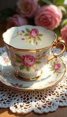 Vintage floral teacup and saucer with pink roses on lace doily with soft lighting