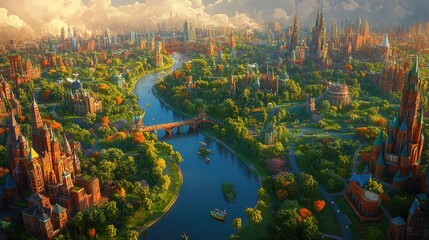 Fototapeta premium Colorful 3D Cartoon City with Bright Parks and Rivers