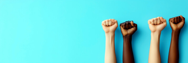International Day for Elimination of Racial Discrimination. Multiracial hands clenched in fists against racism on a blue background. Copy space. Tolerance, unity, love and anti racism concept