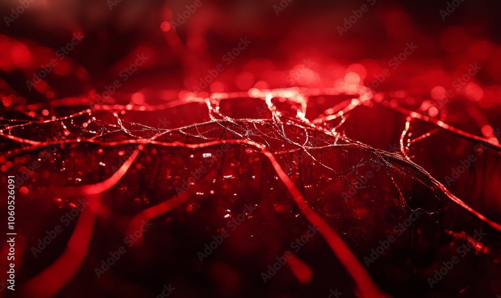 Poster a close-up image of an underground root system glowing with a soft red light, emphasizing the intric