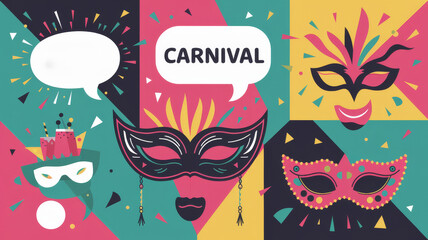 Festive Carnival Illustration Featuring Masks, Confetti, and Party Elements