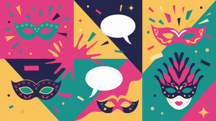 Vibrant Carnival Mask Design with Speech Bubbles and Colorful Confetti Backgroundarnival Mask Design