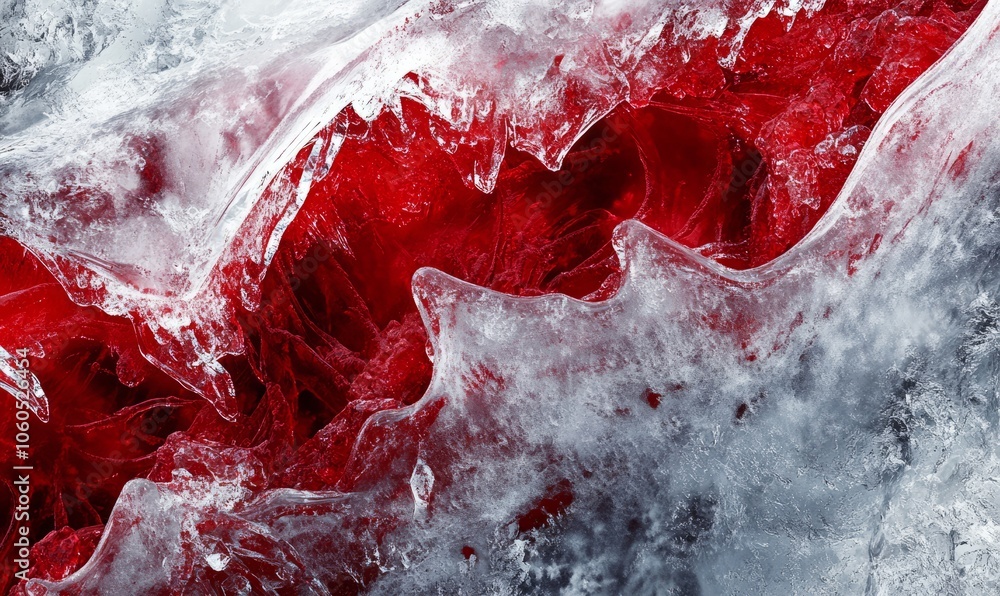 Poster a close-up image of crystalized ice with embedded red veins, capturing the complexity and beauty of 