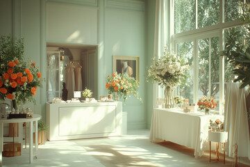 A chic boutique awakens at dawn with a small crowd browsing beautiful floral displays and elegant fashion pieces