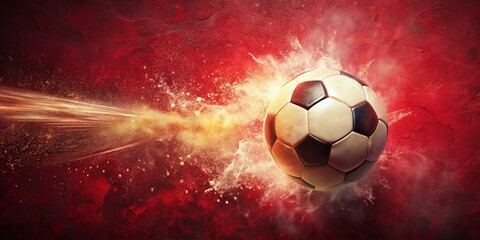 Naklejka premium Dynamic Soccer Ball Breaking Through a Red Background in Vintage Style Photography for Sports Enthusiasts and Action Lovers