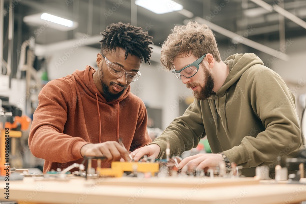 Poster mentor and apprentice collaborate on project in workshop