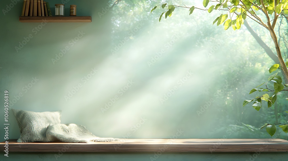 Poster sunlight filters through leaves creating a serene atmosphere on a wooden surface with a soft pillow