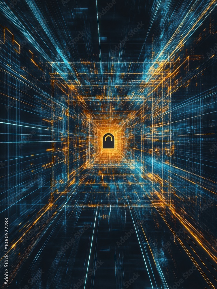 Aufkleber the computer screen features a prominent lock icon in the center, surrounded by vibrant blue and ora