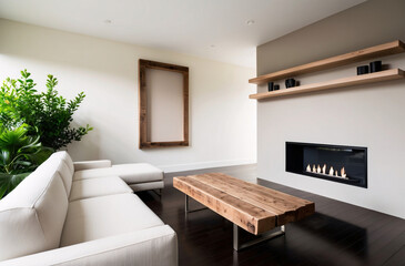 Fototapeta premium Minimalist interior design of modern living room. Rustic barn wood coffee table near corner sofa against wall with fireplace, frame and shelf