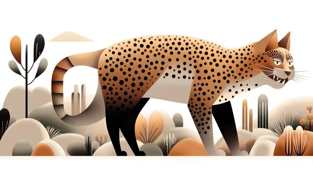 Stylized illustration of a leopard walking through a desert landscape with abstract plants and cacti, featuring a dotted pattern and sleek design elements.