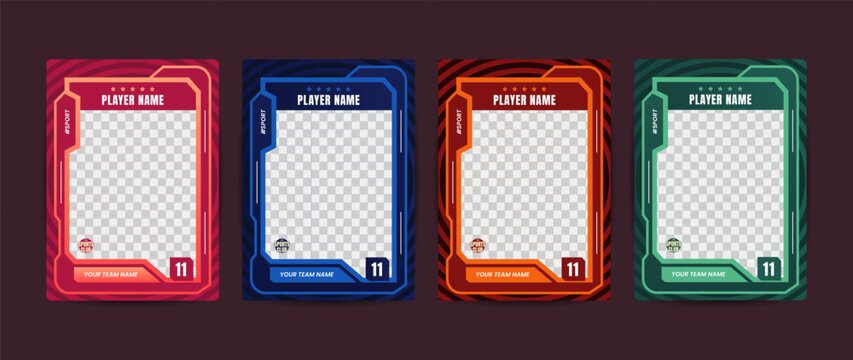 Set of trading frames for game sports card template, Four colorful sports card templates with player name