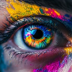 Close-Up Eye Artwork with Detailed Vibrant Colorful Paint Splatters Illustration