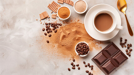 Coffee cup with chocolate bar, coffee beans and cocoa powder on table