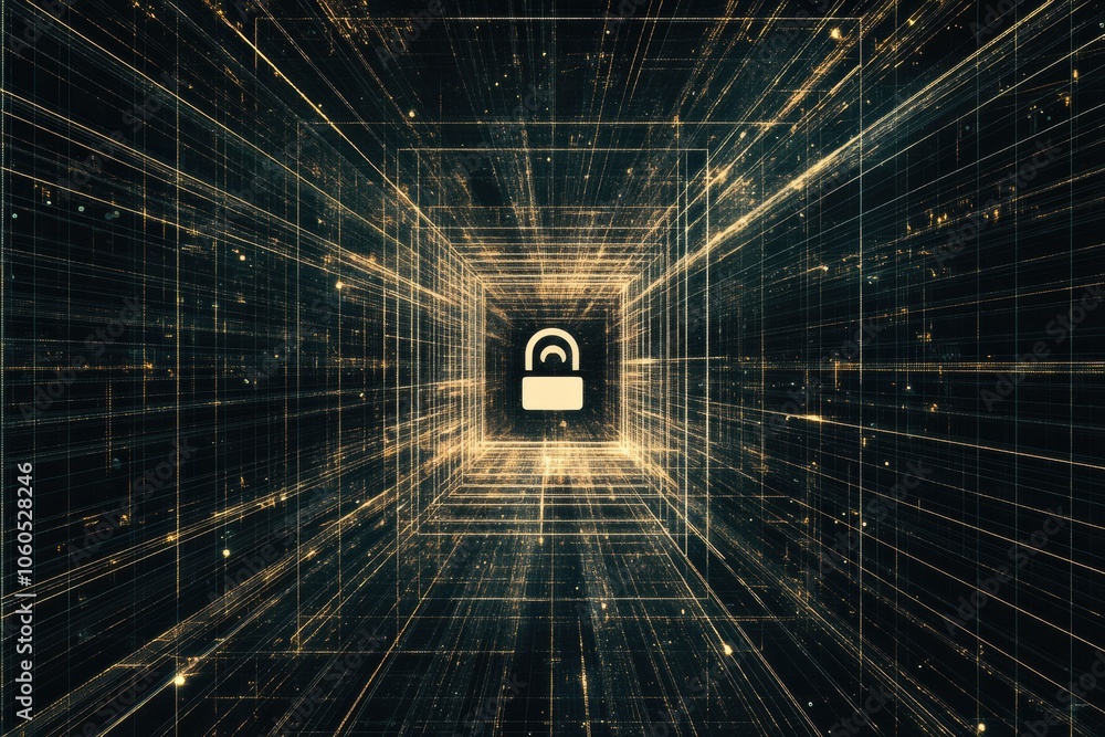 Fototapete the visual showcases a computer screen featuring a central lock icon, highlighting themes of cyberse