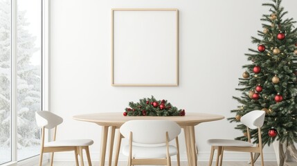 Christmas frame mockup in the dining room and christmas tree. ai generated