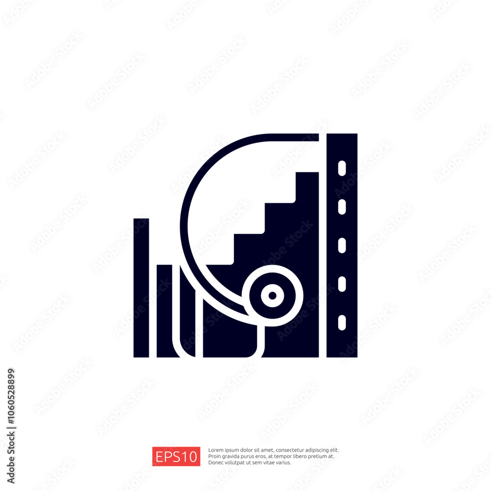 Poster this image features a simplistic icon depicting stairs and a wheel, possibly representing a lift or 