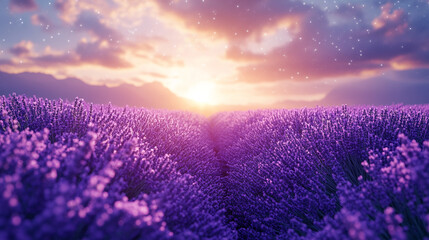 Obraz premium Expansive lavender field extending towards the horizon with a warm sunset in the background