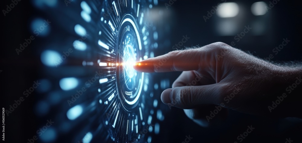 Poster a hand reaching towards a futuristic digital interface with glowing light elements, symbolizing inno