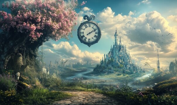 Mad Hatter's Dreamy Landscape: A surreal banner background of Mad Hatter Day, featuring a dreamy landscape where time and reality bend
