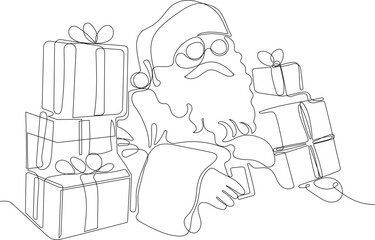 Outlined Cute Santa Claus Cartoon Character With A Sack Full Of Gifts. Vector Hand Drawn Illustration. One continuous line drawing Santa Claus on reindeer and sled. concept for Christmas and New Year