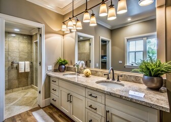 Elegant Bathroom Interior Featuring a Stylish Mirror and Granite Countertop Vanity Sink in Modern Design