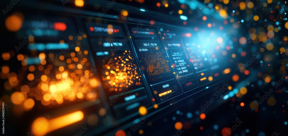Poster Abstract digital background featuring bright particles and light effects, creating a futuristic ambiance with vibrant colors and glowing elements.