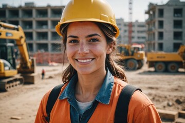 Close portrait of a smiling young Argentine woman construction worker looking at the camera, Argentine outdoors construction site blurred background