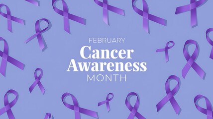 Purple Ribbons Scattered on Lavender Background with Cancer Awareness Month Text