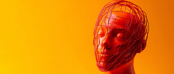 Obraz premium Abstract Red Wire Sculpture of a Human Head on Orange Background