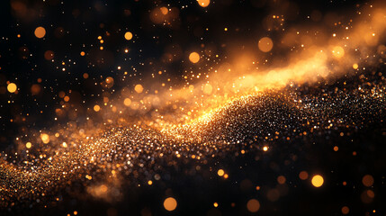 Dark abstract background  with golden shimmering droplets and reflective highlights.