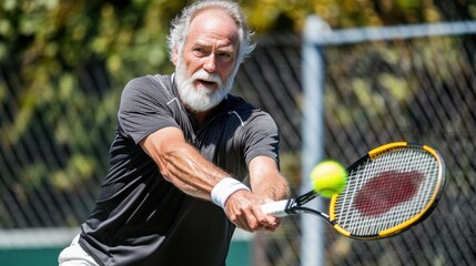 Senior man playing tennis outdoors at a sunny recreational court