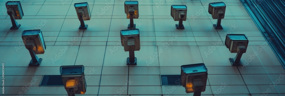 Poster numerous surveillance cameras are strategically positioned on the office building's exterior, ensuri