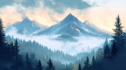 Beautiful landscape with fog and low clouds on mountain range and forest 