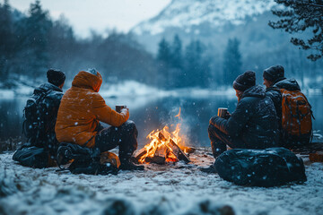 Friends sharing warmth and hot drinks by a campfire in the snowy mountains during winter