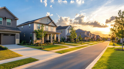 picturesque suburban neighborhood with modern homes and sunset sky. well maintained lawns and tree lined streets create serene atmosphere
