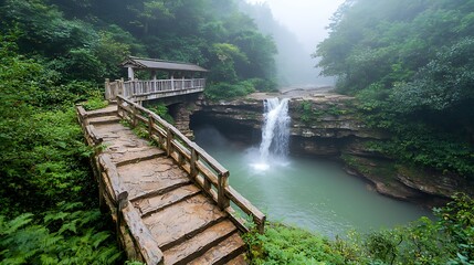 Fototapeta premium Serene waterfall cascades down rocky cliffside creating tranquil oasis surrounded by lush greenery and misty atmosphere