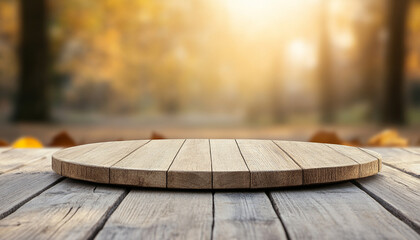 Wooden platform in nature with soft sunlight filtering through trees.