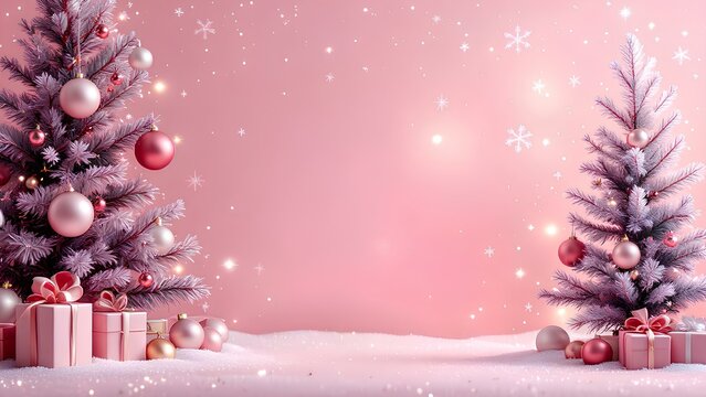 Christmas Background Pink Theme with 2 Xmas Tree, Gift Box, Pink Balls