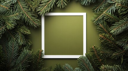 Blank frame on pine branches background with copy space
