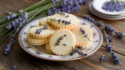 Lavender Shortbread Cookies: Buttery shortbread cookies infused with lavender, artfully arranged on a decorative plate, garnished with lavender sprigs.

