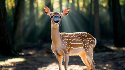 Young deer standing in a sunlit forest, beautiful natural background.