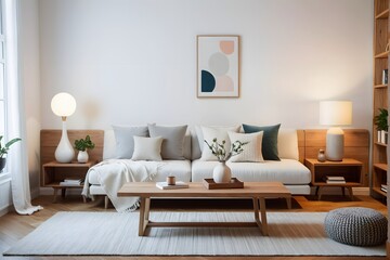Fototapeta premium White modern living room with white sofa, pouf with a blanket, and wooden furniture.