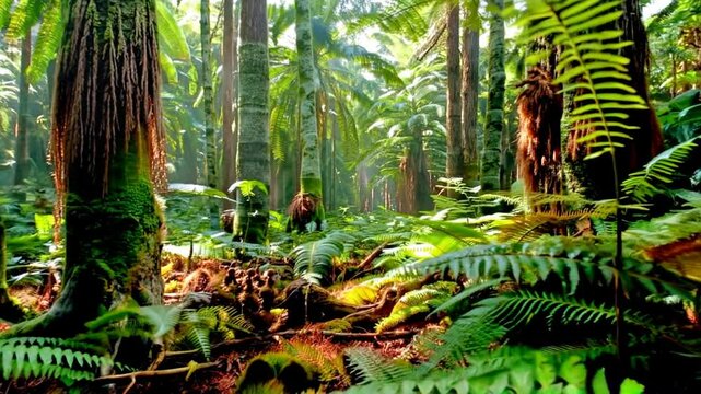 Lush Permian Forest: A dense Permian forest filled with towering ferns and spore-bearing plants, with thick, humid air and filtered sunlight streaming through the canopy, creating dappled shadows on t