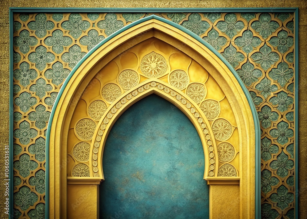 Poster elegant flat arched design with intricate pattern in muted yellow and shabby blue texture for unique
