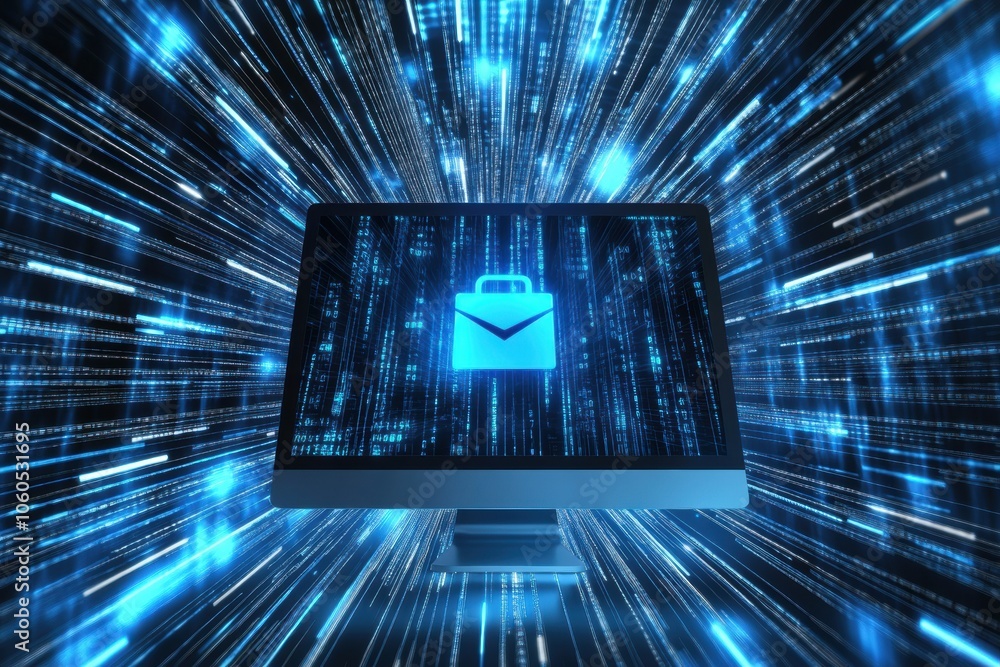 Fototapete a computer screen features an open protection icon while glowing data streams create a dynamic digit
