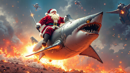 A man in a santa claus outfit riding on top of a shark